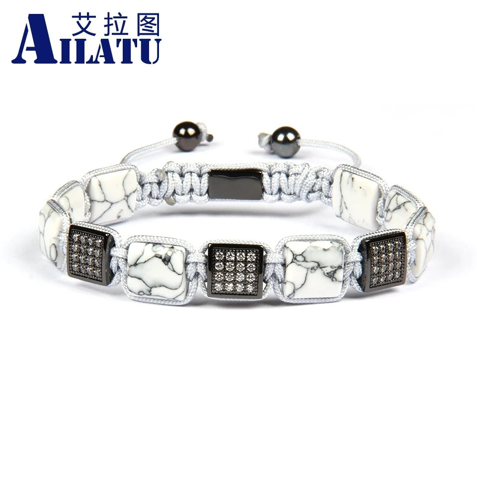 Ailatu мужской браслет 10x10 мм микс Цвет Белый Howlite плоские Каменные Бусы макраме