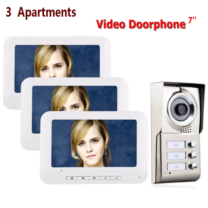 

7inch LCD 3 Apartments Video Door Phone Intercom System IR-CUT HD 1000TVL Camera Doorbell Camera with 3 button 3 Monitor Waterpr