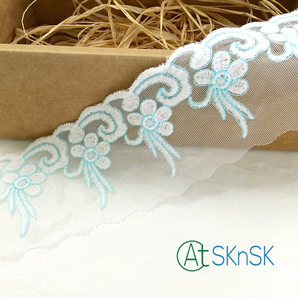 100 ярдов/партия Бестселлер лучшее кружево 7 см ширина синий цветок сетка кружева