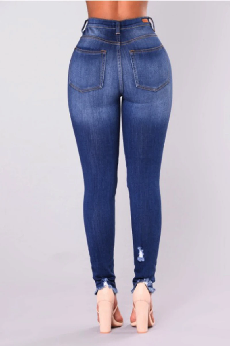 Рваные модные джинсы женские классические Узкие синие с высокой талией потертые