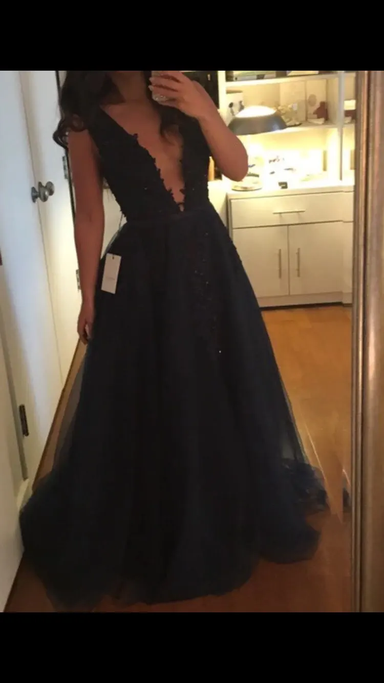 as pic Vestidos de festa вечернее платье Robe De Soiree v-образный вырез с кружевной аппликацией Длинные вечерние платья из тюля розовый темно-синий - Цвет: as pic