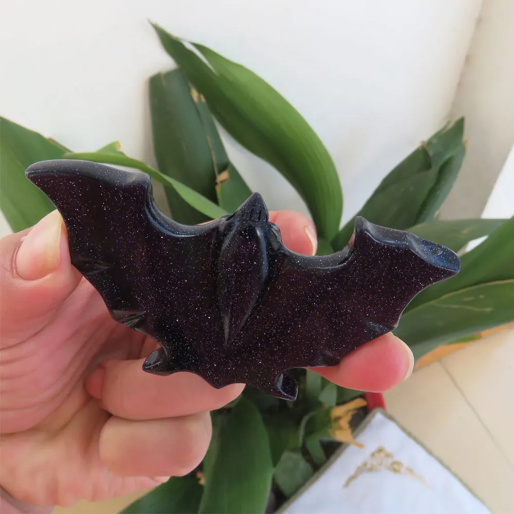 

New Arrival !!! Rare ! 40g Natural Blue Golden Sand Crystal Carved Crystal Bat Pocket Stone Fengshui Reiki Healing Lucky Gift