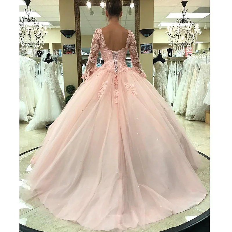 Светло-розовые платья Quinceanera одежда с длинным рукавом бальное платье принцессы Сладкие 16 день рождения милые девушки Пром вечерние особых случаев Go