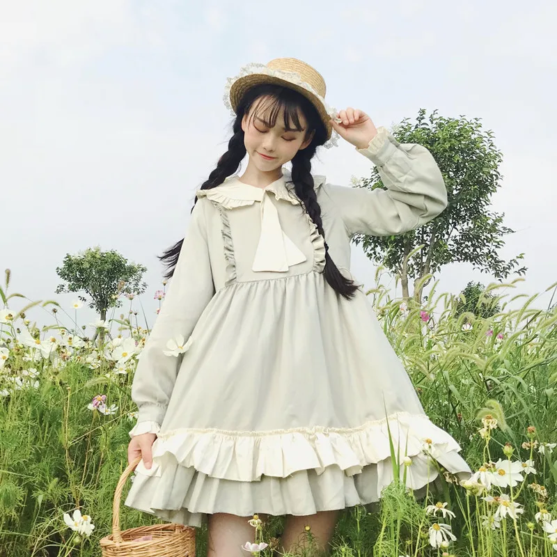 Женские платья японский Harajuku Ulzzang кукольный воротник деревянный ушной галстук милое платье женский корейский кавайный милый одежда для женщин
