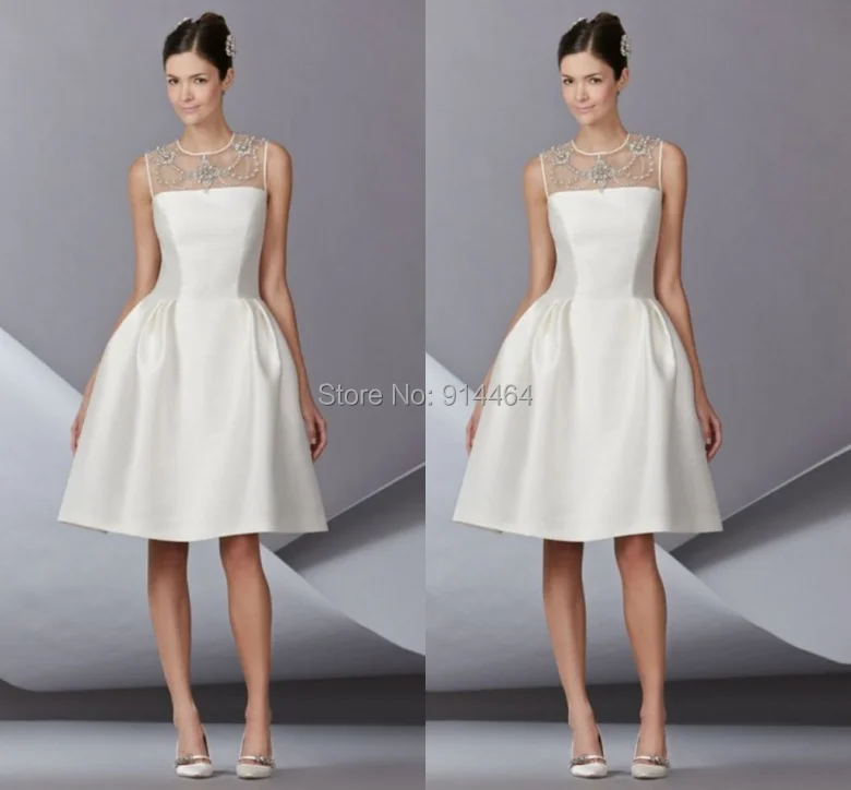 Fabulous 2014 A-Line Wedding Gowns Illusion Neckline Sheer Ruffles Beaded Crystal Short/Mini Free Shipping Satin Dresses | Свадьбы и