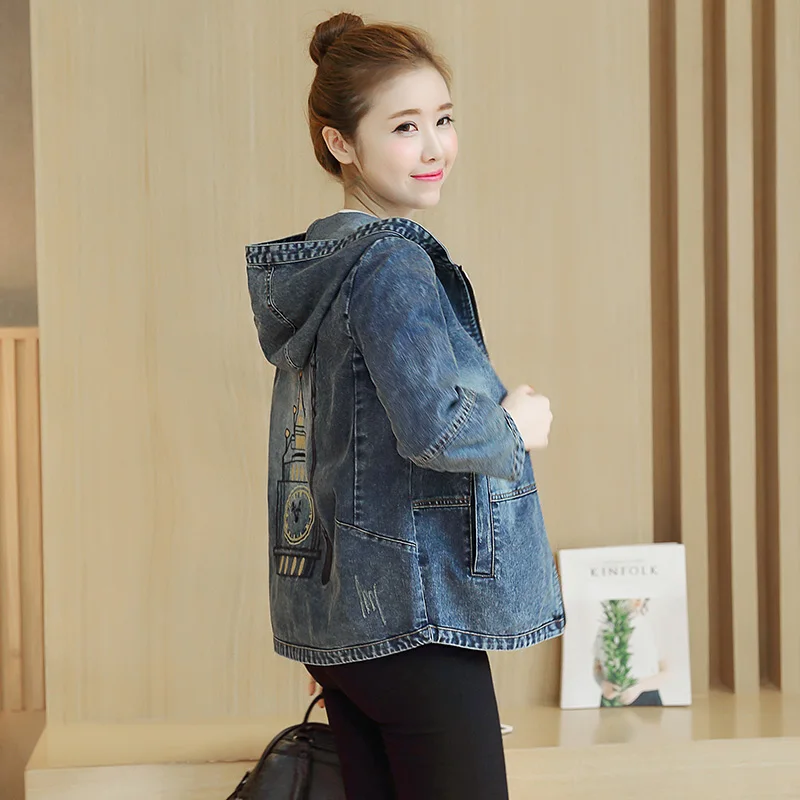 Новые печати с капюшоном джинсовая куртка пальто Демисезонный Для женщин девять