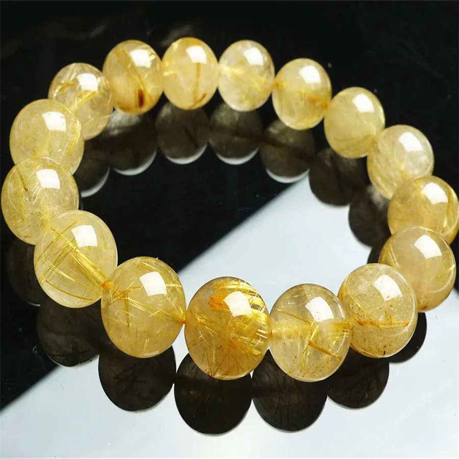 

14mm Genuine Brazil Natural Yellow Gold Titanium Rutilated Quartz Crystal Round Beads Fashion Stretch Charm Bracelet Jewelry