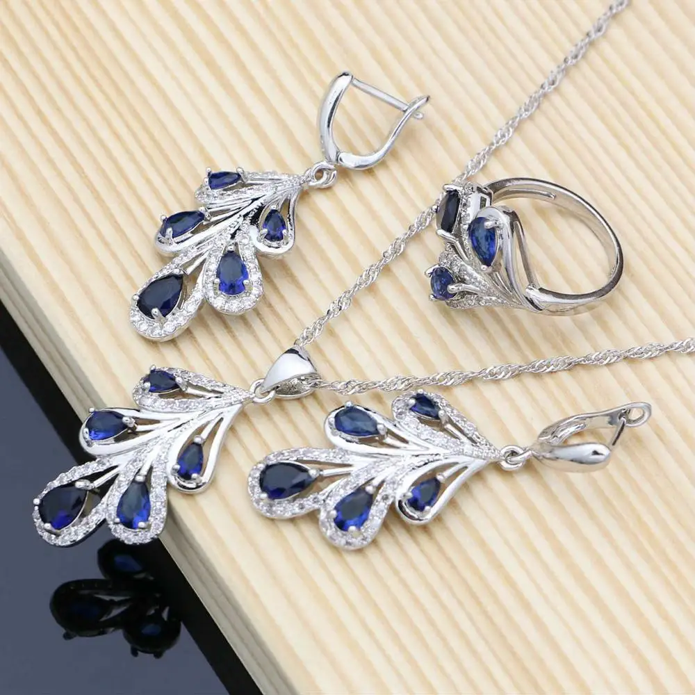 3PCS Серебро 925, ювелирный набор, голубой циркон, белый кристалл, костюм для женщин, камни, листья, серьги, кольца, браслет, ожерелье, набор - Окраска металла: 3PCS