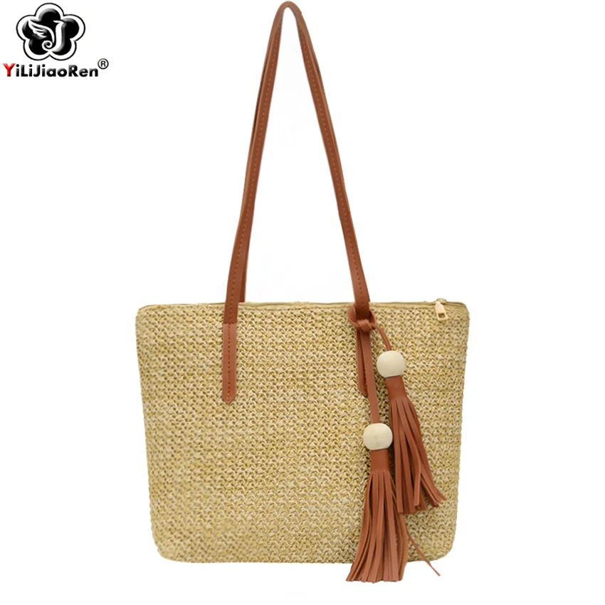 Модные ручного плетения Соломенная Сумка-тоут богемная большая летняя пляжная
