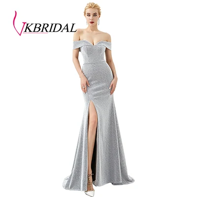 Silver VKbridal сексуальное платье с открытым плечом и Высоким Разрезом Длинное Сверкающее вечернее платье Русалка платья блестящие платья подружки невесты Плюс Размер - Цвет: Silver