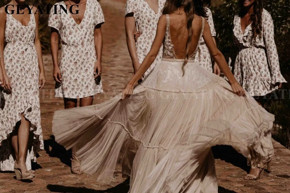 Vestidos Novia винтажные кружевные аппликации свадебное платье цвета шампань Boho пляжные свадебные платья сексуальные глубокий v-образный вырез с открытой спиной Robe de Mariee