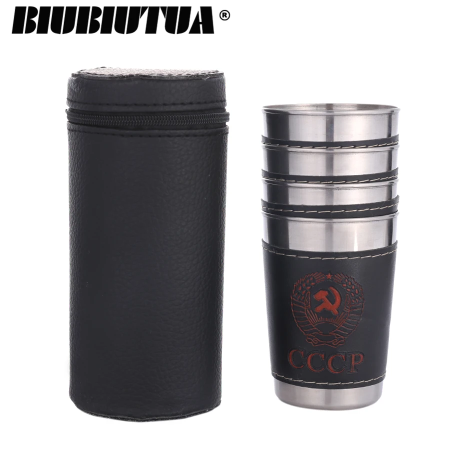 BIUBIUTUA 4 шт. 170 мл чашка из нержавеющей стали с кожаный чехол мини Портативный