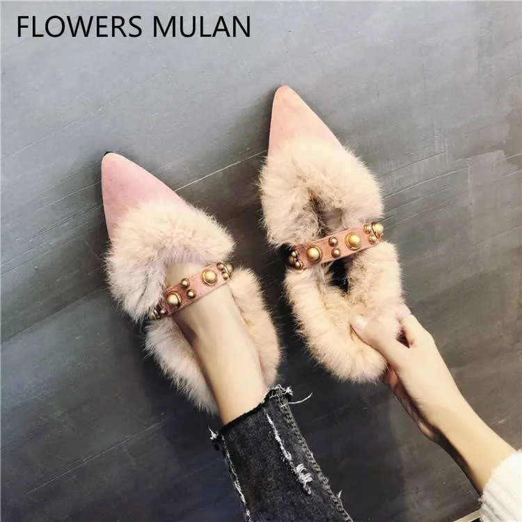 Лоферы на меху женская кожаная обувь повседневная среднем каблуке с острым