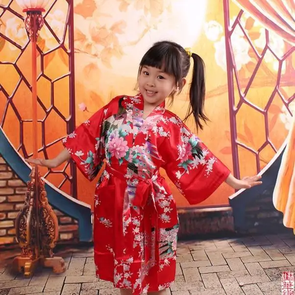 Детский Атласный халат детское кимоно с цветочным рисунком Шелковый детский