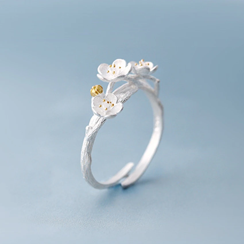 Kinitial New 925 Sterling Silver Plum Flower Rings for Midi Jewelry Fashion Open Adjustable Finger Ring women Gift | Украшения и