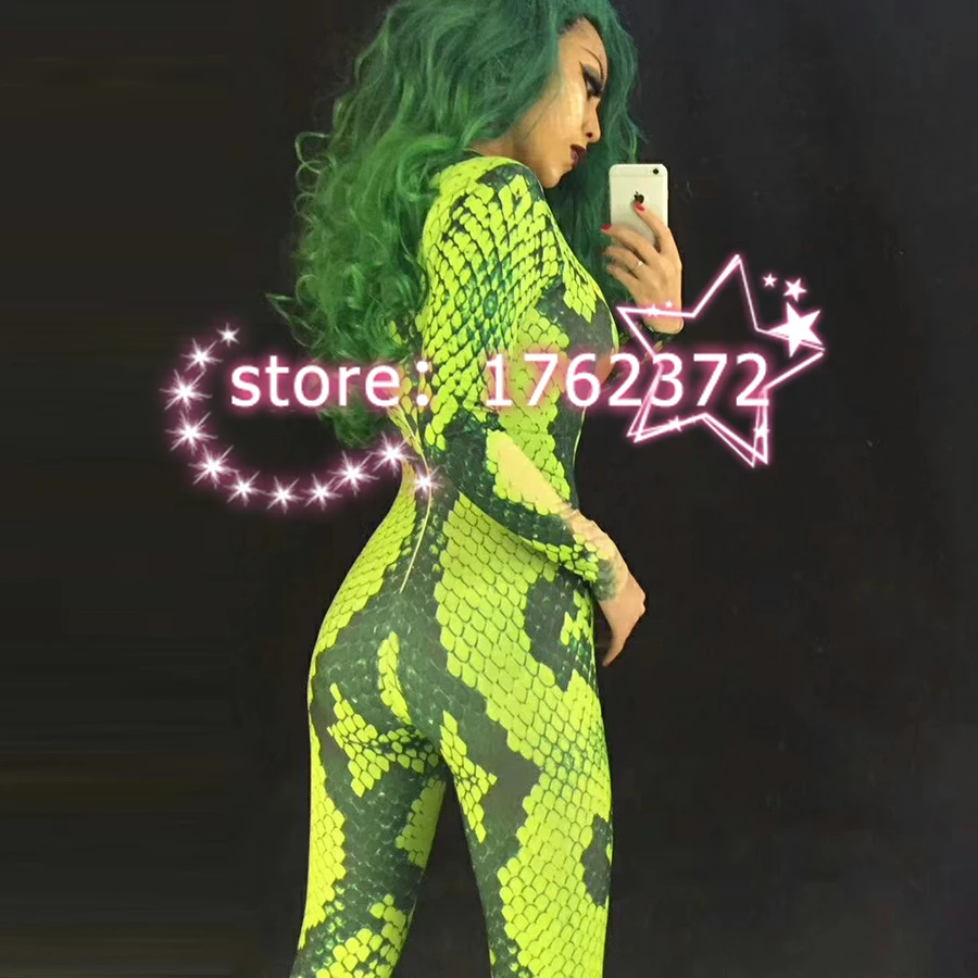 Женский сценический костюм певицы женские Комбинезоны Зеленый змеиный принт