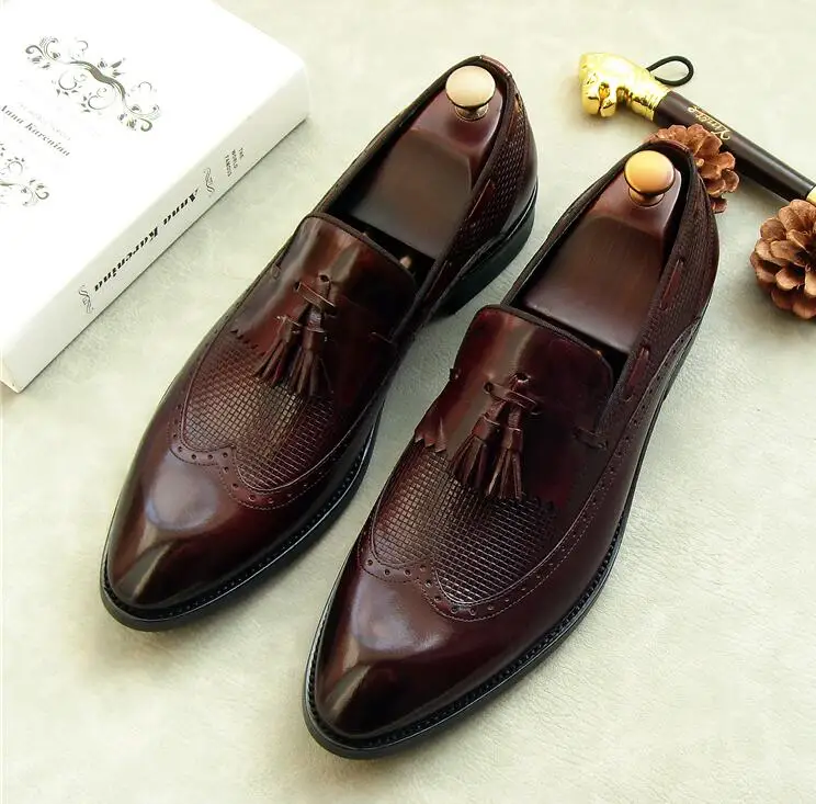 Мужские классические туфли из натуральной кожи без застежки резная брога