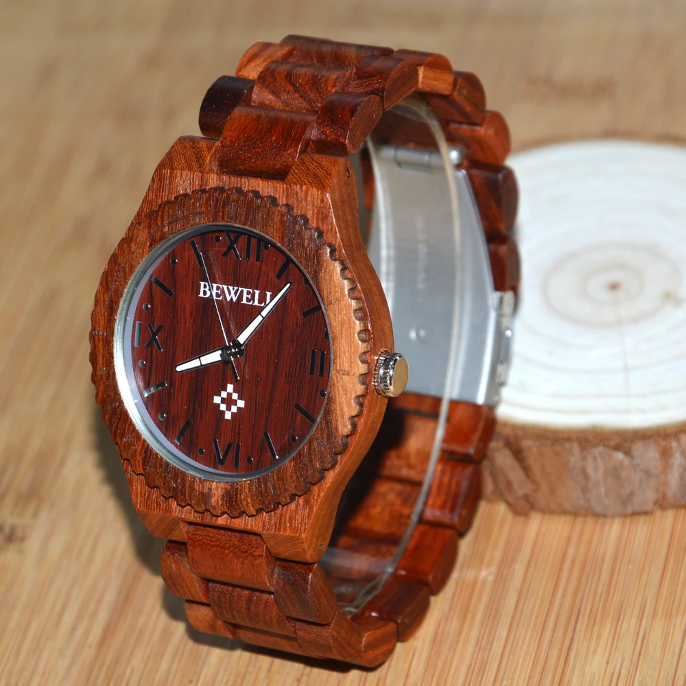 BEWELL деревянные Мужские кварцевые наручные часы с римскими цифрами светящиеся