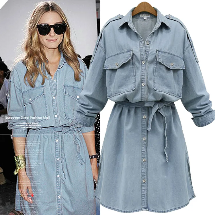 

plus size mamaan style denim new dresses spring autumn basic fashion pockets denim blue elastic waist mini dresses