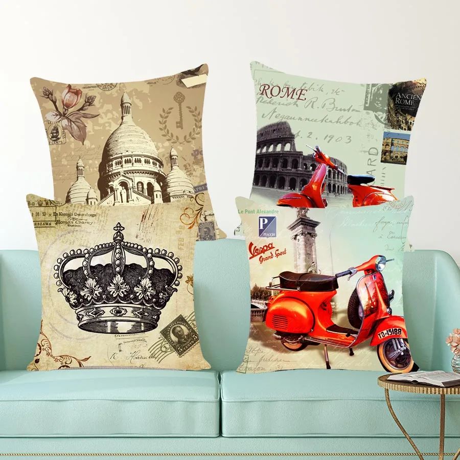 2016 старинные печати живописные подушки Лондон Париж Биг Бен Пиза сзади Чехол для