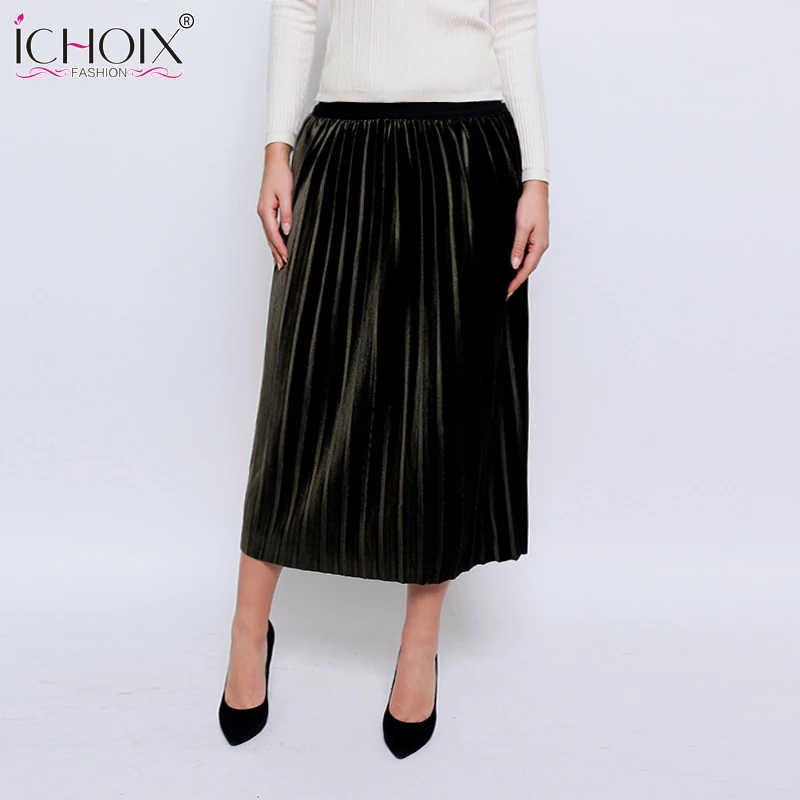 

2019 New Fashion Autumn Winter Suede Skirts High Waist Velvet Long Pleated Skirt Women Elastic Waist Vintage Skirt Saias Female