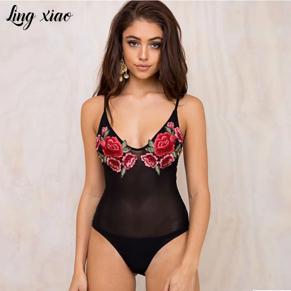 LING XIAO 2018 summer new hot women's suspenders embroidered slim sexy jumpsuit fashion V-neck black Siamese briefs wholesale | Женская