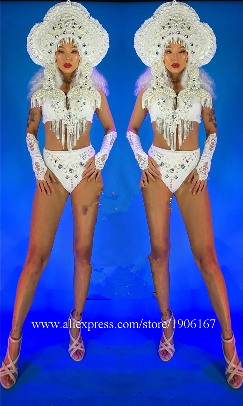 Nightclub Show Sexy Lady Bikini Suit With Pearl Headdress Catwalk Ballroom DS Valentine Day Performance Costumes Model Bodysuit | Дом и сад