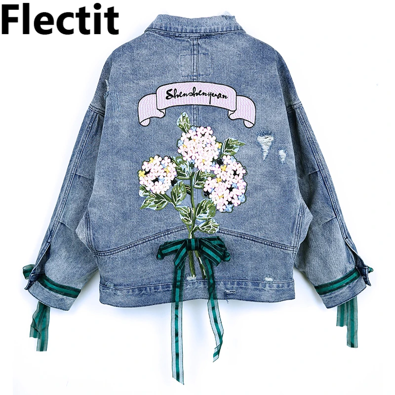 Flectit Flower Embroidered Oversized Denim Jacket Womens Vintage Washed Denim Jacket Coats *