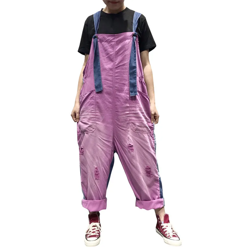 

Jumpsuits New Large Size Hole Jeans Female Personality Stitching Bib Loose Embroidery Print Suspenders