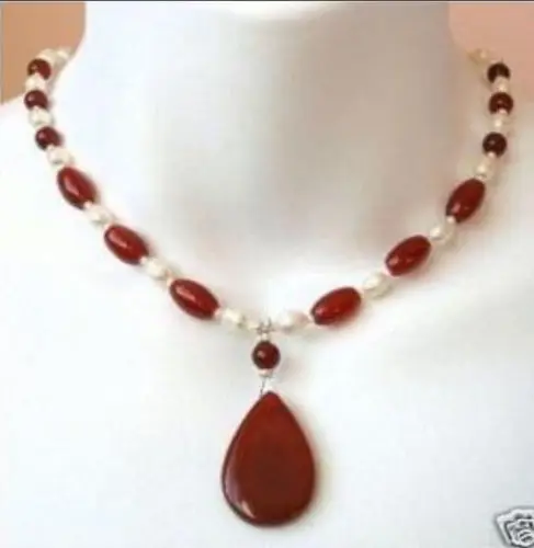 

FREE SHIPPING>>>@@ > Hot sale new Style >>>>>Stunning Rare 7-8mm white pearl red pendant necklace 18"
