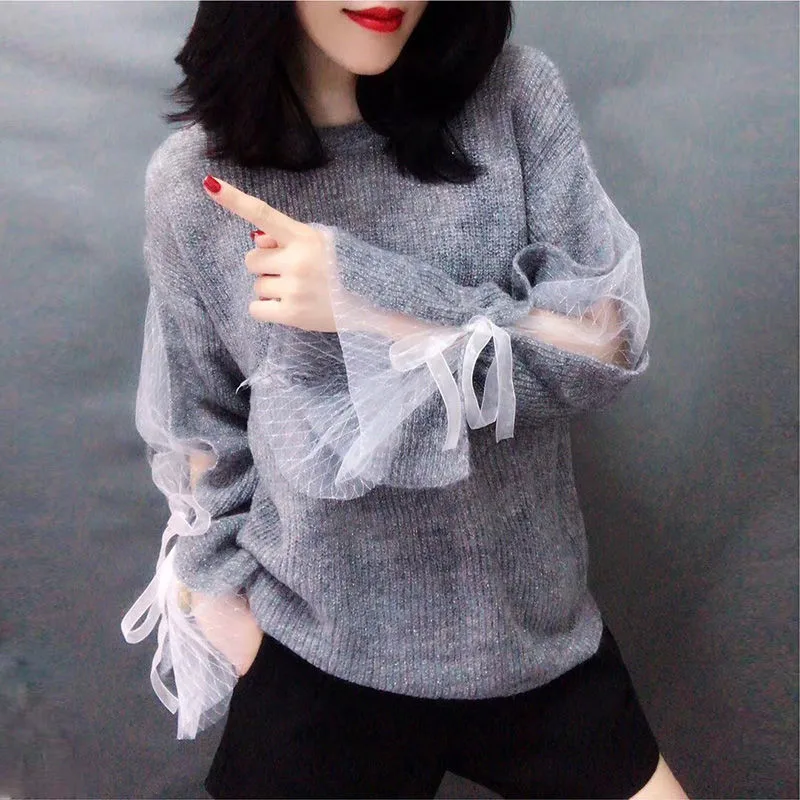 gray sweater Neploe зимняя женская одежда, свитер с расклешенными рукавами, кружевной Женский пуловер с круглым вырезом, свободный женский джемпер, вязаные серые свитера 37035 - Цвет: gray sweater