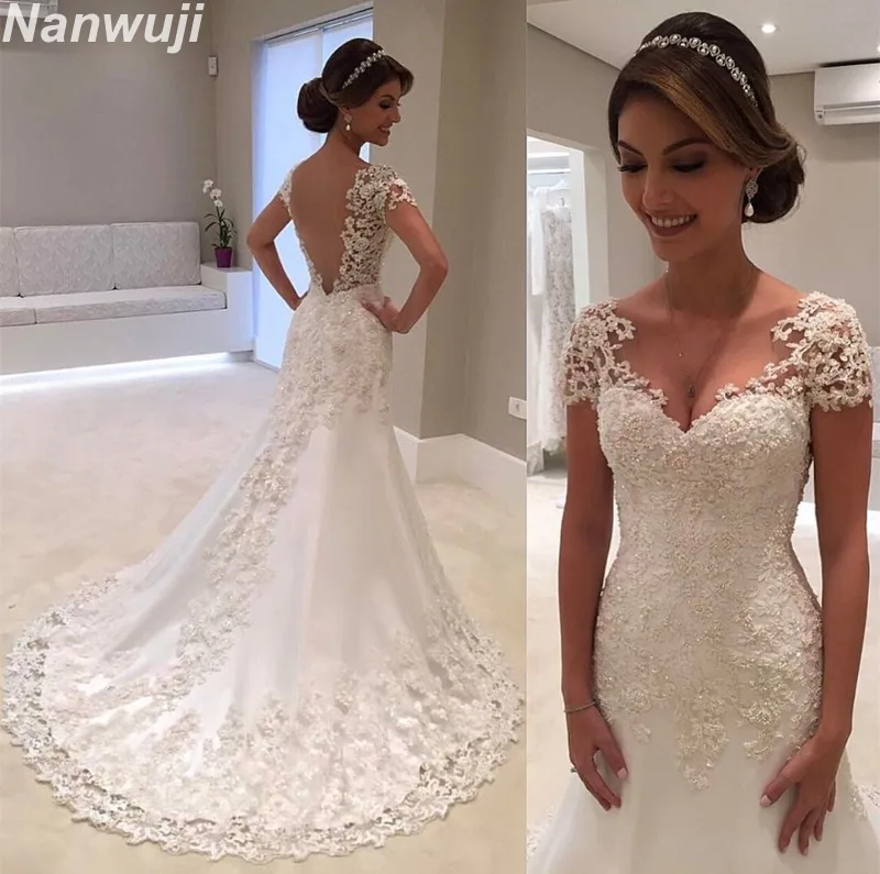 Белое кружевное свадебное платье с V образным вырезом и открытой спиной|robe de