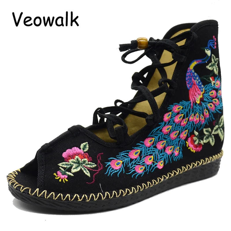 Veowalk женские парусиновые сандалии с вышивкой павлина летние модные открытым