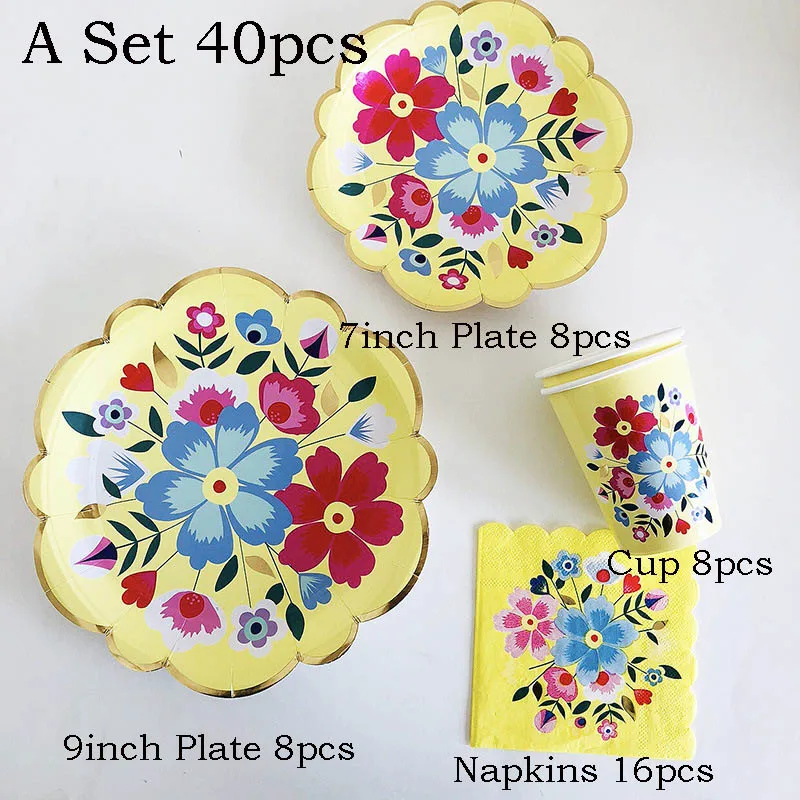 A Set 40pcs 40 шт. тропический цветок одноразовая посуда позолоченная бумага/чашка/мраморные плиты украшение стола свадьба день рождения поставки - Цвет: A Set 40pcs