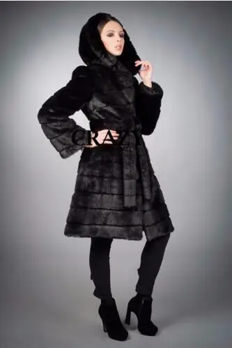 black Европейский high end Модные женские туфли зимние сапоги на искусственном кроличьем меху с капюшоном пальто, меховые пальто Большие размеры S-6XL из искусственного меха пальто Меховая куртка - Цвет: black