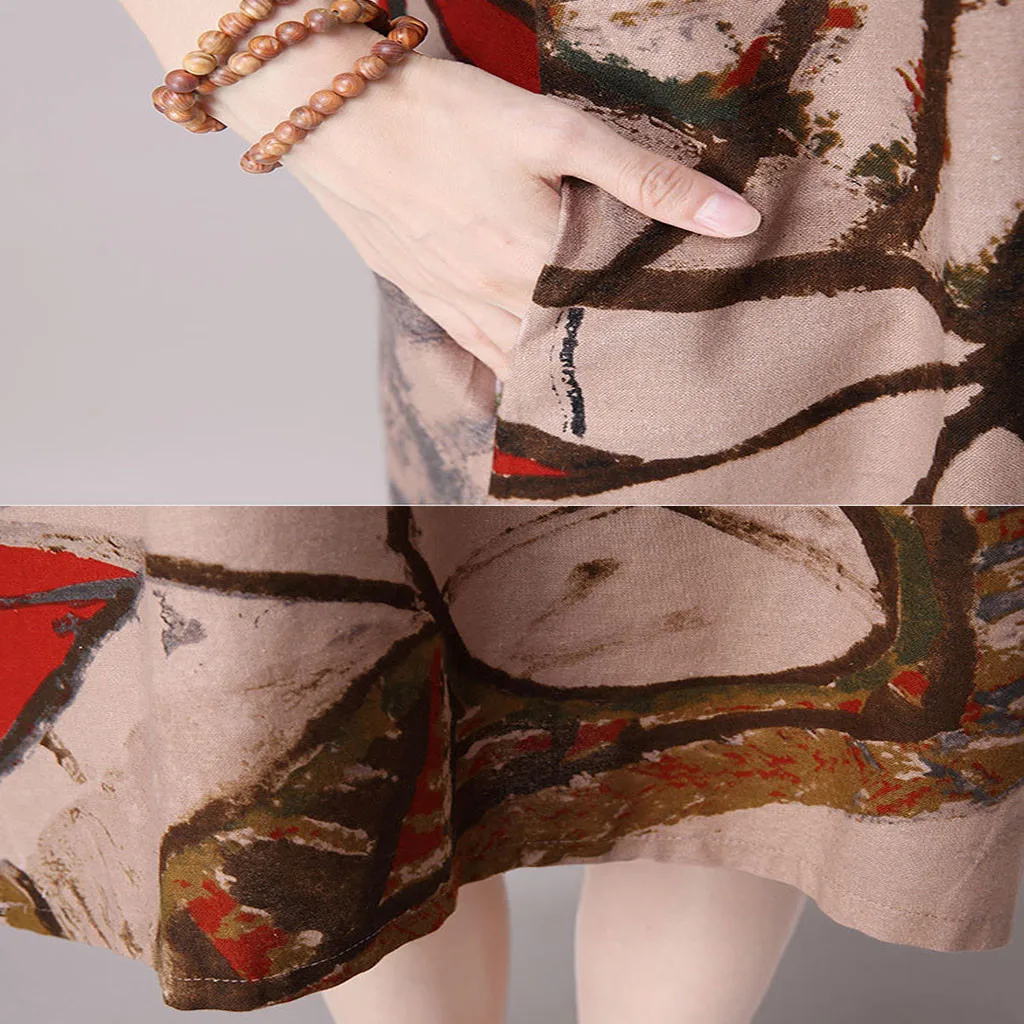 

2019 Cotton Linen Summer Dress Women Loose Plus Size Casual Dress Vintage Abstract Print Sundress Dresses Vestidos 7.19