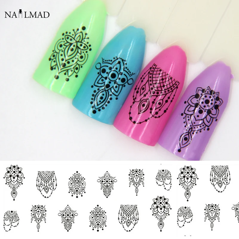 1 лист NailMAD Черная кружевная наклейка для дизайна ногтей Мандала переводные наклейки с водой