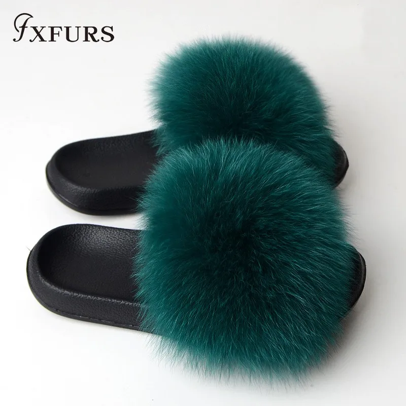FXFURS/ г.; модные женские шлепанцы с лисьим мехом; сезон лето; пушистый мех; шлепанцы; пляжные скандалы; уличная ярмарка; шлепанцы; модная плюшевая обувь - Цвет: Зеленый