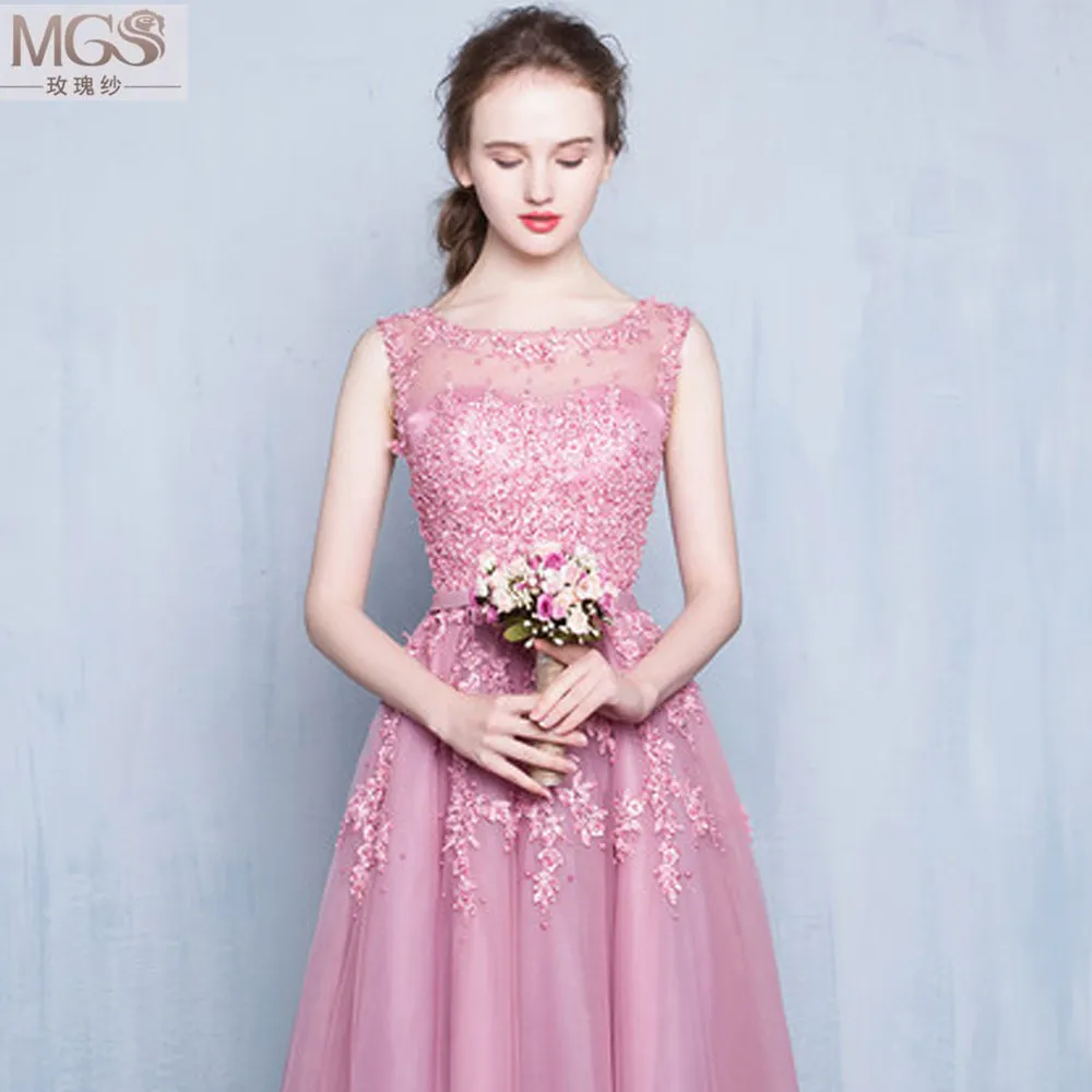 2016 MGS A-Line Scoop Tea-Length Crepe Stylish Bridesmaid Dresses Appliqued Beading Pearls Sexy See Through Back Bridal Gown |