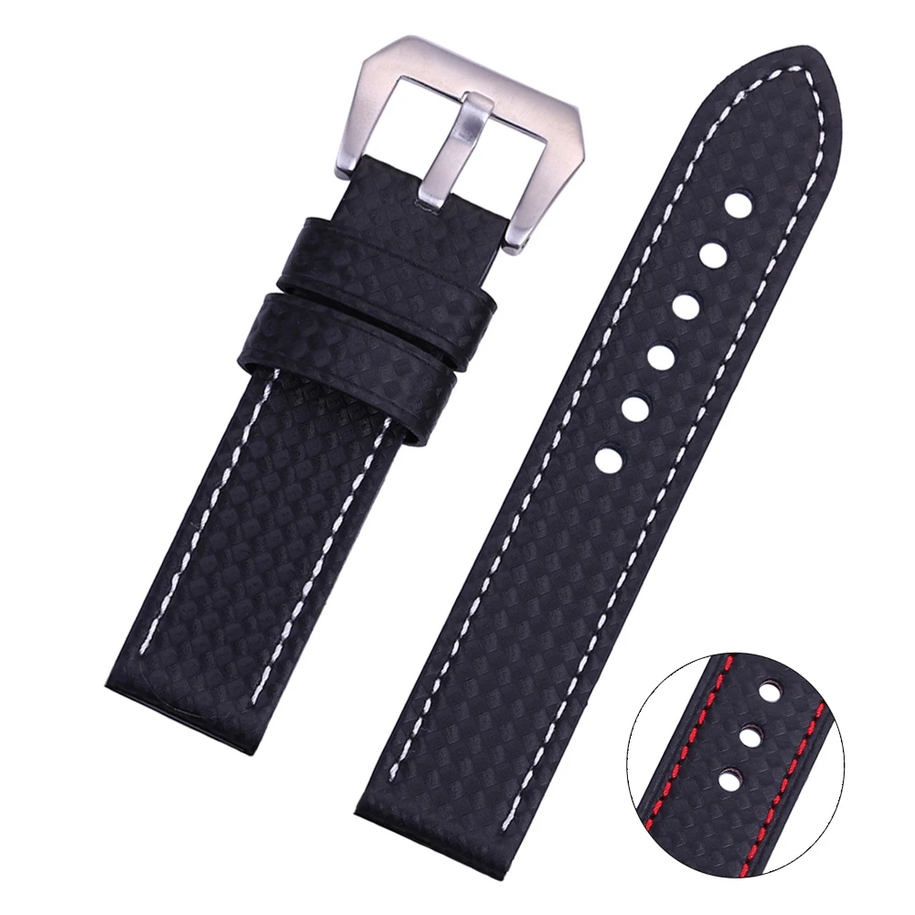 

EACHE Carbon Fiber Watch Strap Replacement Watch Band 22MM 24MM Black with White and Red stitching