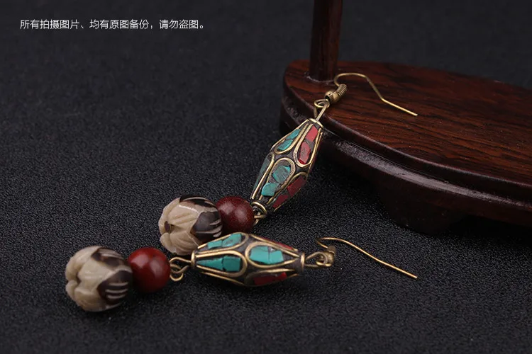 Висячие серьги из натурального сандалового дерева bodhi, новые оригинальные Этнические серьги, винтажные этнические серьги бирюзы с национальным вкусом