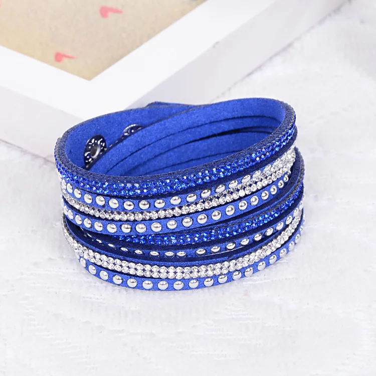 New Colorful 6 Rows Rhinestone Leather Wrap Wristband Cuff Punk Crystal Bracelets Bangle | Украшения и аксессуары