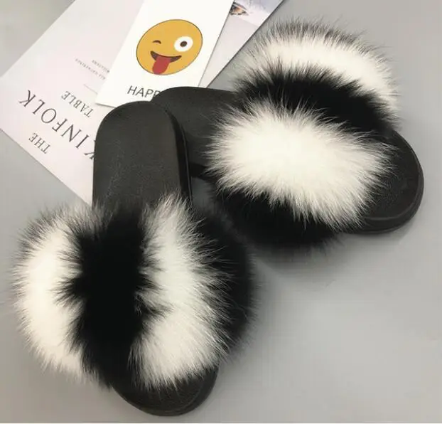 White-black COOLSA/женские нескользящие шлепанцы на плоской подошве с лисьим мехом; женские меховые шлепанцы; женские плюшевые меховые тапочки; Прямая поставка; обувь на меху; женская обувь; Лидер продаж - Цвет: White-black