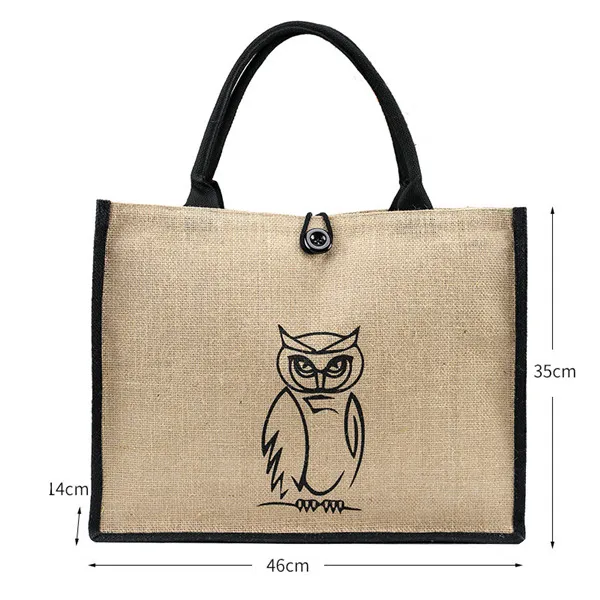 big black owl Летняя женская сумка с изображением фламинго, совы, джутовая, льняная, роскошная, вместительная, Женская Повседневная сумка на плечо, пляжный Подарочный мешок для женщин - Цвет: big black owl