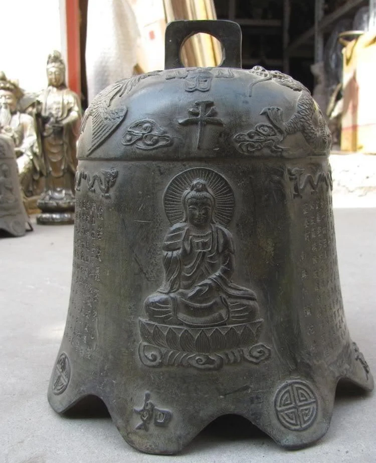 

Chinese old bronze copper dragon phoenix kwan-yin buddha bell Sculpture statue
