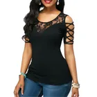 Женская кружевная Вязаная футболка с коротким рукавом, Ажурные топы, черная бандажная футболка, женская летняя повседневная Уличная одежда