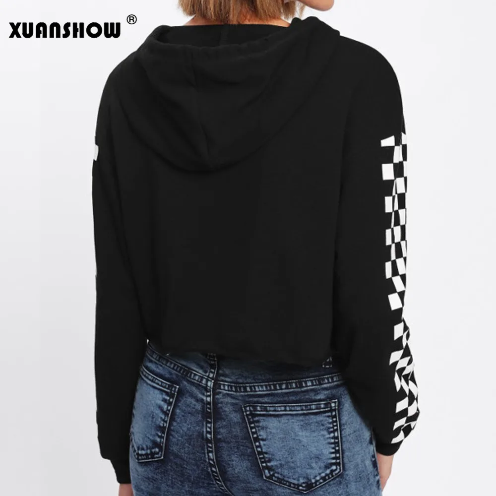 XUANSHOW короткий топ с длинным рукавом, белая клетчатая Женская толстовка с капюшоном, осень, Новое поступление, короткие пуловеры, толстовки Moletom