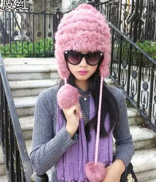 pink Женские вязаные шапки из натурального кроличьего меха для девочек, зимний утепленный Модный милый медведь, меховые шапочки и шапочки с ушками кролика TB375 - Цвет: pink
