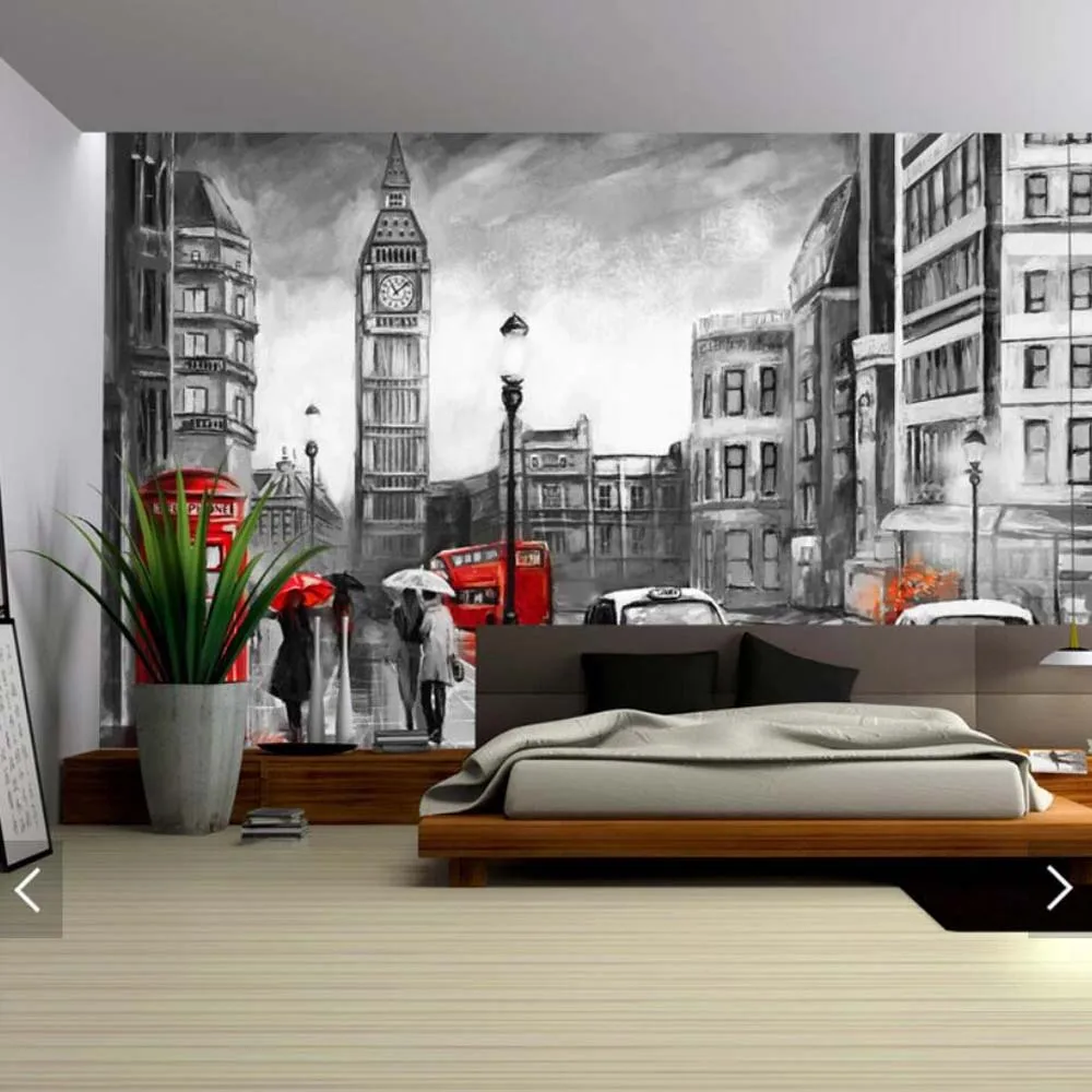 

3D Modern Vintage London Red Black Scenery Wallpaper Mural Wall Murals Decal for Bedroom HD Printed Bus Wall Paper Custom