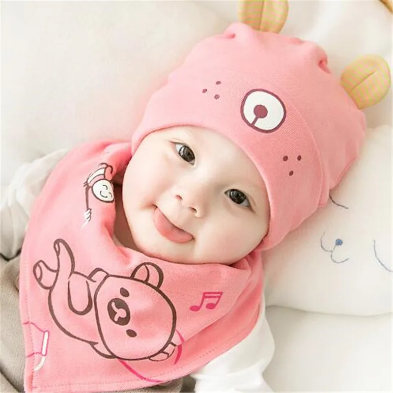 pink bear Детский хлопковый костюм с шапкой и нагрудником Милая Хлопковая шапочка с ушками для маленьких мальчиков и девочек от 0 до 8 месяцев, bebe - Цвет: pink bear